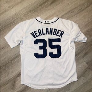 Majestic White Baseball Jersey with Navy Verlander 35